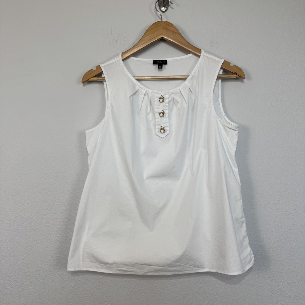 Talbots Tank Top Womens 10P White Sleeveless Beaded Bee Button Detail‎ Summer
